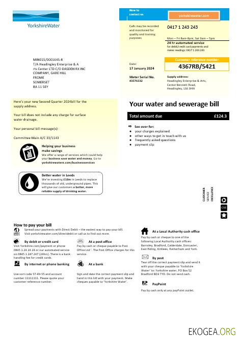 Modèle de facture de services publics de l'eau du Yorkshire du Royaume Uni aux formats Word et PDF